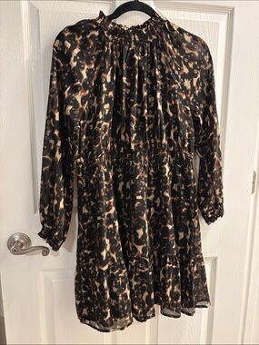 Time and Tru Black and Brown Leopard Print Long Sleeve Dress